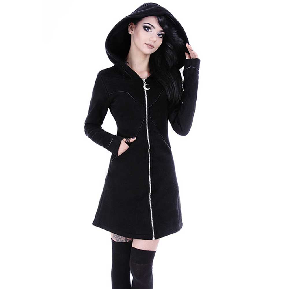 Gelaagd lang vest met oversized capuchon en rits zwart - Gothic Metal
